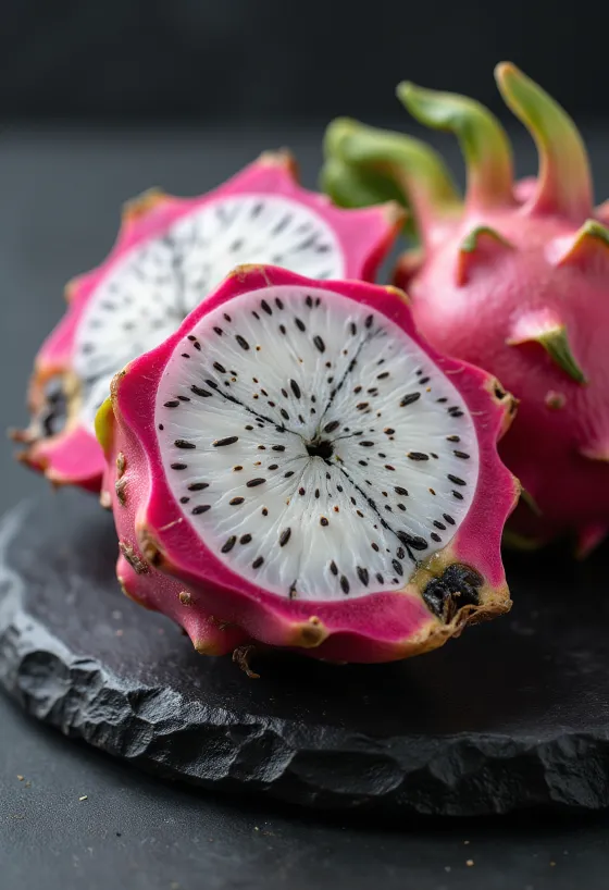 Beyaz etli ve siyah çekirdekli Ejder Meyvesi (Pitaya) dilimi