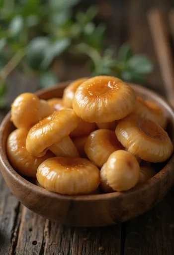 Mutfak ortamında ahşap kesme tahtasında temizlenmiş ve hazırlanmış nameko mantarları