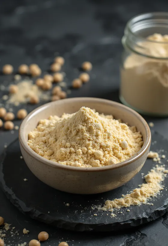 Kasede bej renkli bezelye proteini tozu ve yanında kuru sarı bezelyeler