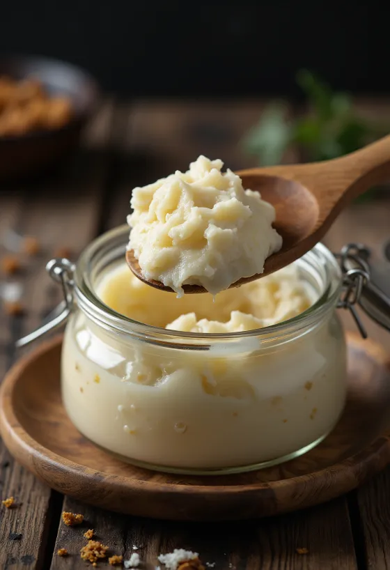 Küçük cam kasede çiğ ördek yağı, etrafında temizlenmiş yağ parçaları