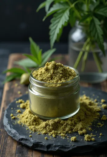 Kasede çiğ kenevir proteini tozu, yanında kenevir tohumları, dokümantasyon amaçlı