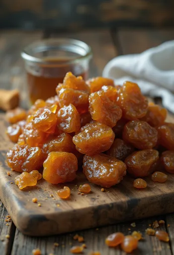 Doğal ahşap yüzeyde ham propolis parçaları ve cam şişede tentür
