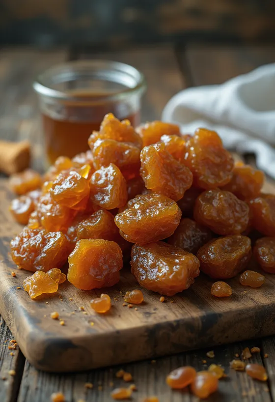 Doğal ahşap yüzeyde ham propolis parçaları ve cam şişede tentür