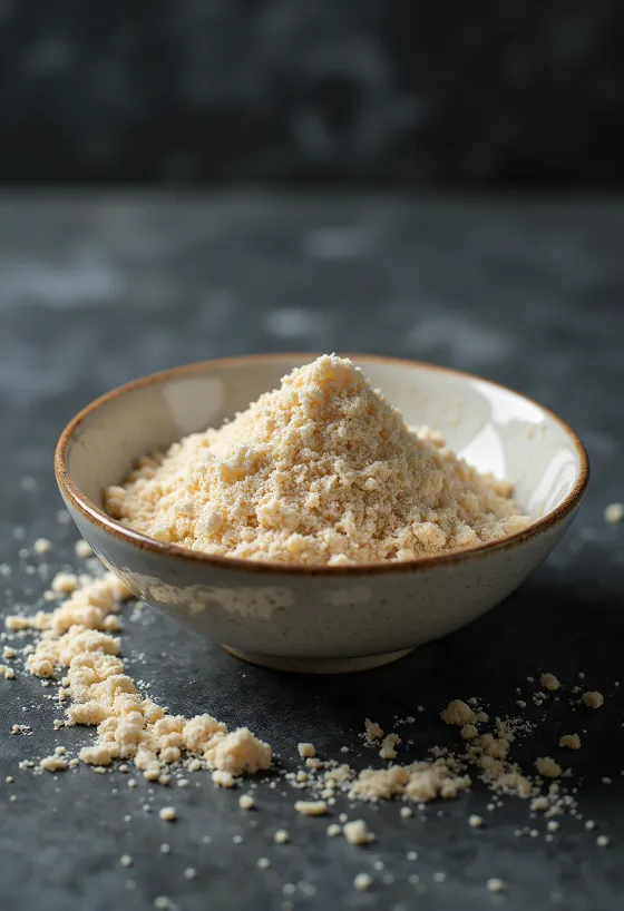 Kasede açık bej renkli ham pirinç proteini tozu ve yanında esmer pirinç taneleri