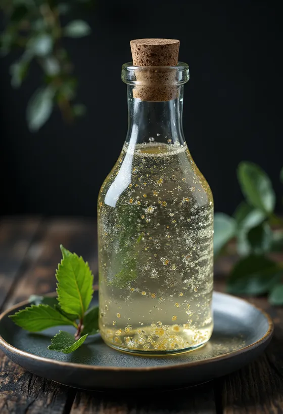 Cam şişe ve bardakta huş ağacı suyu, huş kabuğu ve dalları ile