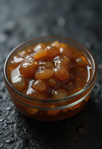 Seramik kasede istiridye sosu, yanında küçük kaplarda haşlanmış istiridye eti, soya sosu ve şeker