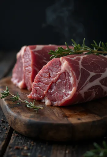 Ahşap zemin üzerinde ardıç tohumu, biberiye ve sarımsak ile marine edilmiş taze karaca eti parçaları