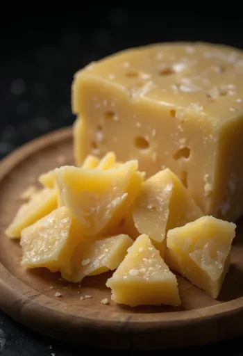 Ahşap kesme tahtasında dilimlenmiş ve rendelenmiş parmesan peyniri