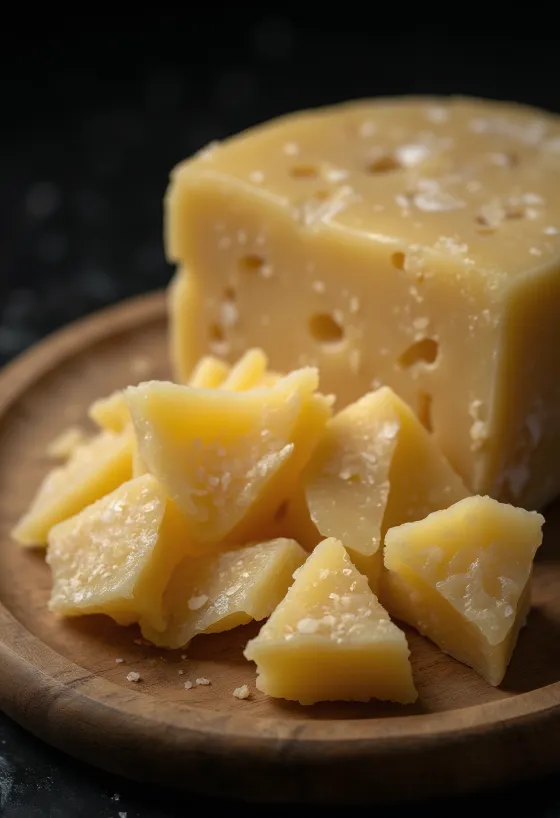 Ahşap kesme tahtasında dilimlenmiş ve rendelenmiş parmesan peyniri