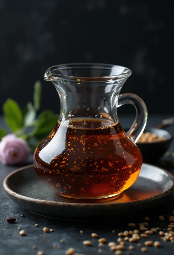 Koyu renkli şişede kavrulmuş susam yağı ve yanında kasede susam taneleri