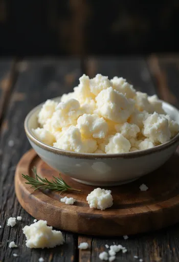Beyaz seramik kasede taze ricotta peyniri, ahşap masa üzerinde