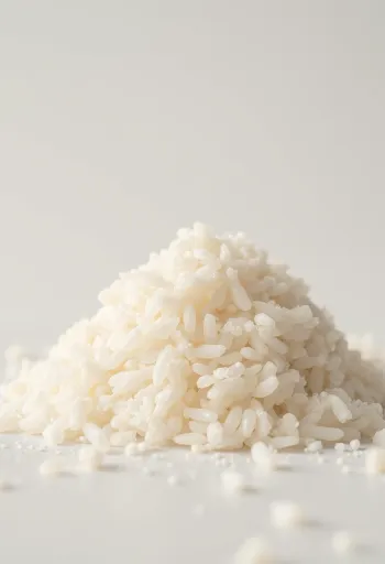 Seramik kasede ve ahşap zeminde açık renkli çiğ pirinç irmiği