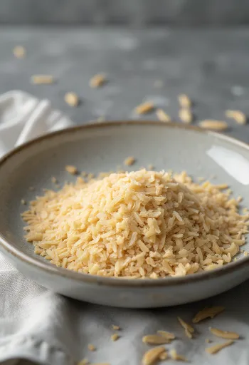 Seramik kasede pirinç kepeği ve ahşap yüzeyde dağılmış kepek tozu