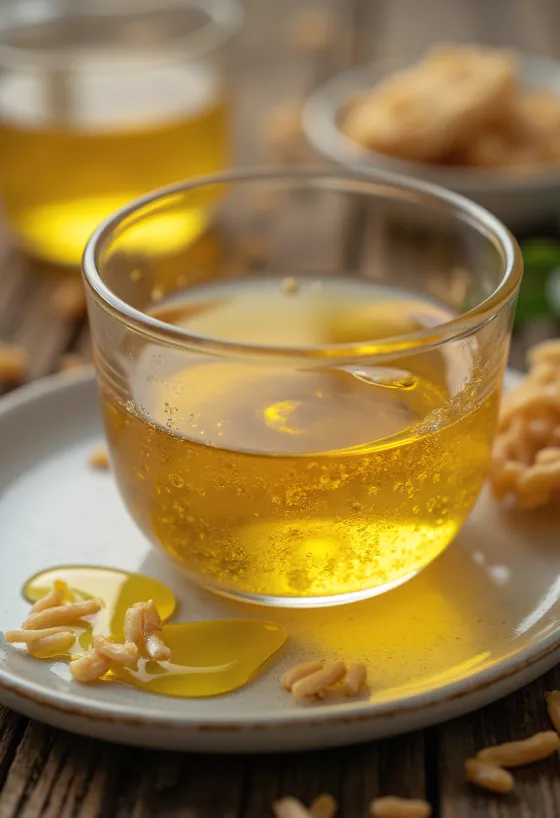 Şişede pirinç kepeği yağı, yanında pirinç taneleri ve kepek ile doğal ortamda