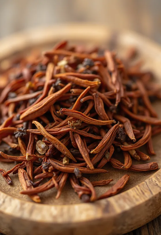 Kasede ve zemine saçılmış kızıl renkli dökme Rooibos çayı
