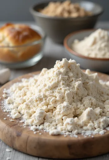 Seramik kasede çiğ çavdar unu, ahşap zemine serpilmiş