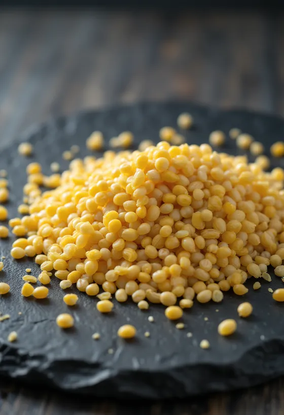 Ahşap zeminde tane sarı ve beyaz hardal tohumları