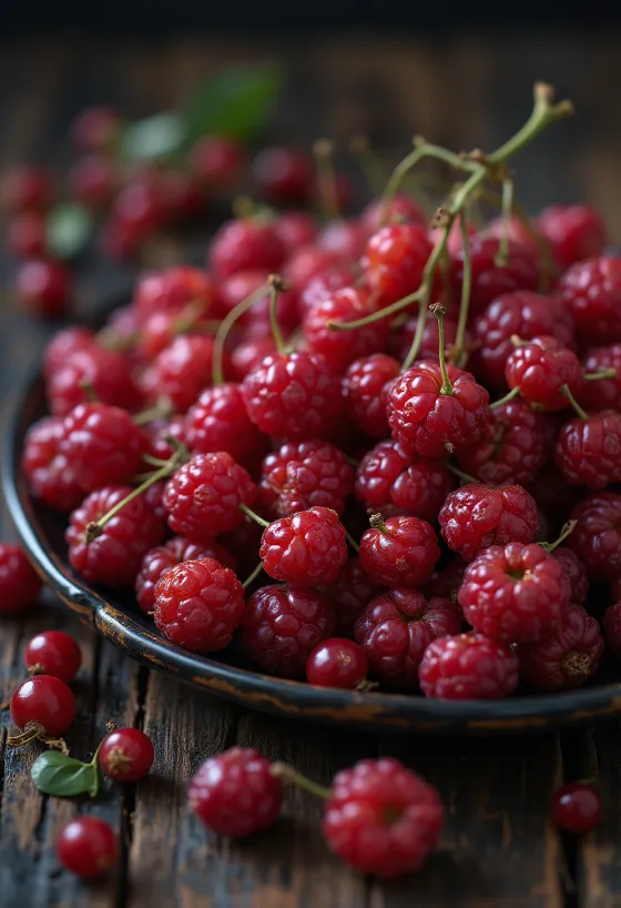 Parlak kırmızı taze şizandra üzümleri, bazıları kesilmiş halde
