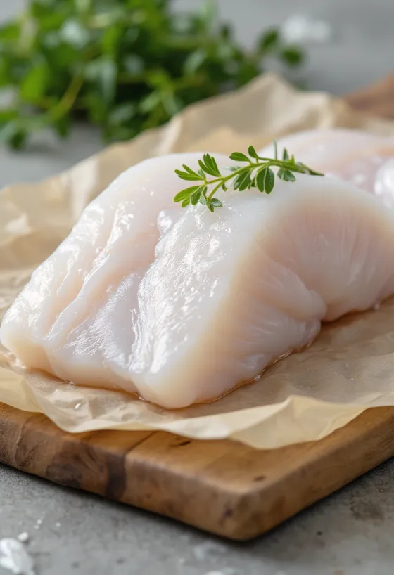 Ahşap kesme tahtasında baharatlanmış sherry balığı filetosu