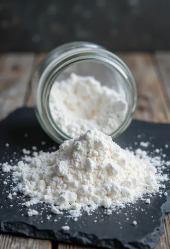 Küçük kasede beyaz kabartma tozu ve ahşap ölçü kaşığı