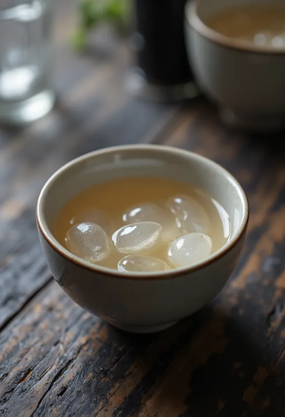 Geleneksel sake şişesi ve bardağı, yanında pirinç taneleri ve koji