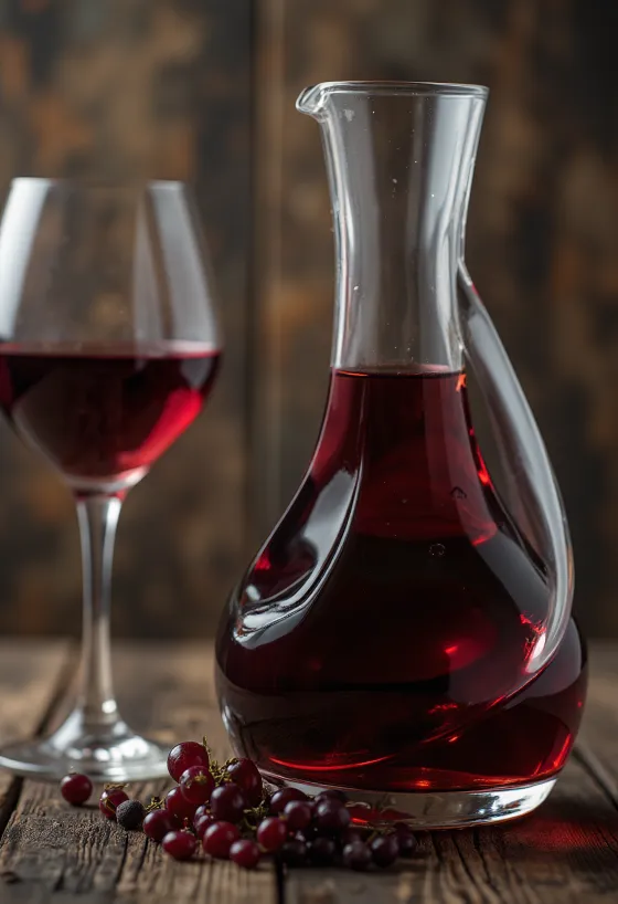 Kadehte kuru kırmızı şarap, etrafında koyu renk üzümler, üzüm şırası ve ham ahşap fıçı