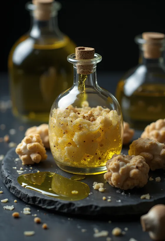 Küçük şişede trüf yağı, trüf mantarı dilimleri ve sunum tabağı