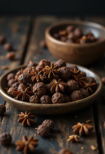 Ahşap kasede ve zeminde tane yenibahar baharatı