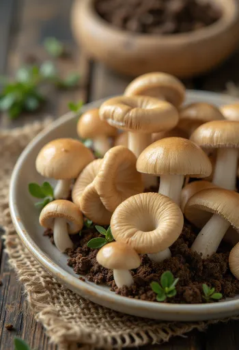 Ahşap tahtada taze baharatlar ve sarımsakla dilimlenmiş mıh mantarı