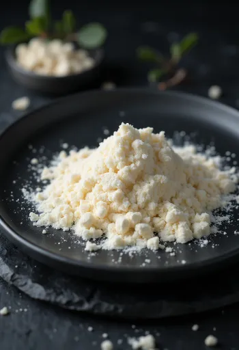 Seramik kasede keçiboynuzu çekirdeği unu ve yanında keçiboynuzu meyveleri