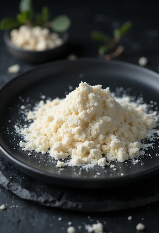 Seramik kasede keçiboynuzu çekirdeği unu ve yanında keçiboynuzu meyveleri