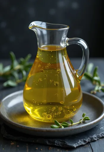 Küçük cam kasede natürel zeytinyağı, yanında zeytin taneleri