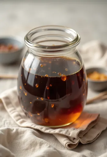 Seramik kasede tamari sosu, etrafında fermente soya ve deniz tuzu