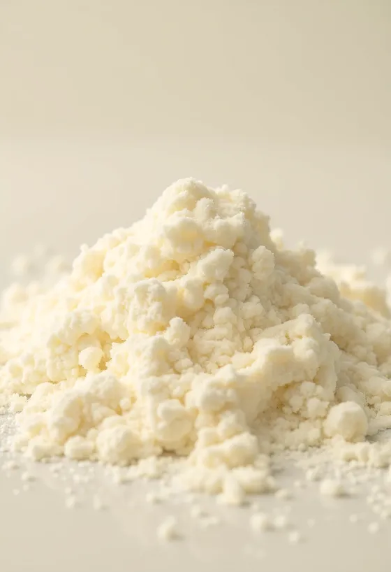 Ahşap yüzeyde rustik kasede ve kaşıkla süt tozu