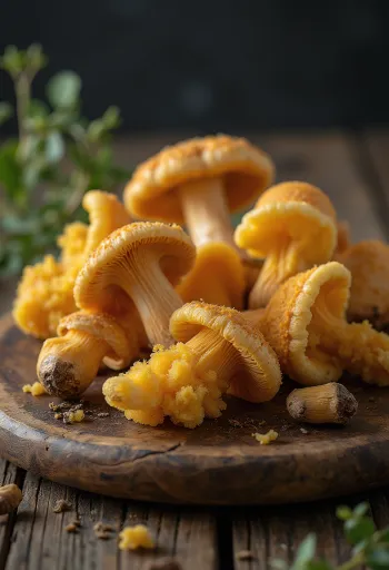 Ahşap kesme tahtasında temizlenmiş ve dilimlenmiş kış mantarları