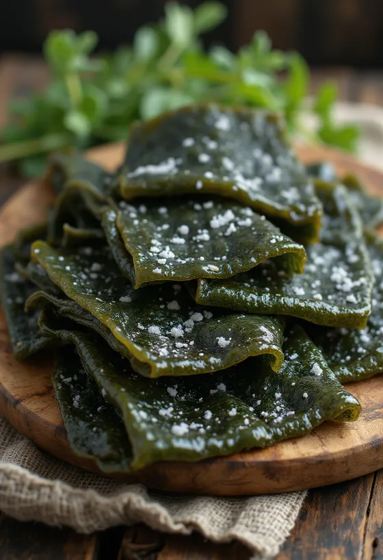 Kalın yapraklı ve doğal dokulu kurutulmuş Kombu yosunu