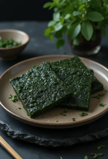 Koyu yeşil renkli ve ince dokulu kurutulmuş Nori yosunu yaprakları