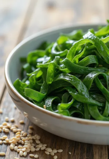 Doğal dokulu ve canlı yeşil renkli kurutulmuş Wakame yosunu