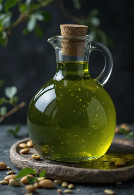 Küçük kasede koyu yeşil kabak çekirdeği yağı, yanında kabuklu çekirdekler