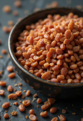 Rustik ahşap yüzeyde kavılca (emmer) buğdayı taneleri ve unu