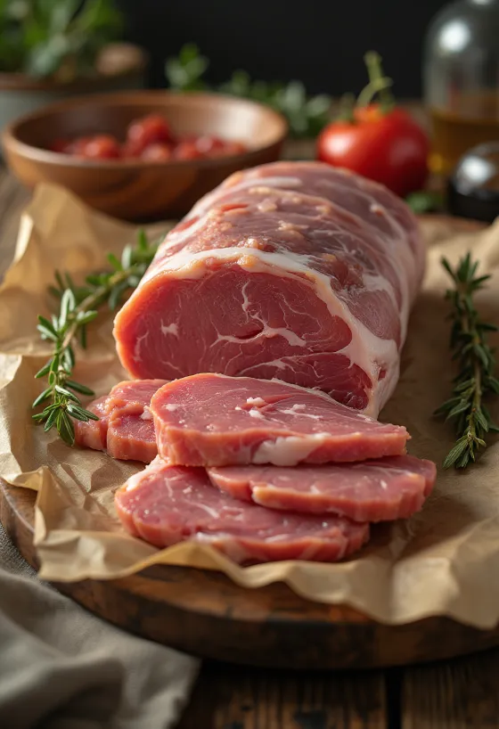 Ahşap tahtada baharatlarla çiğ yaban domuzu pirzola dilimleri