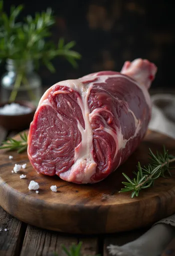 Ahşap kesme tahtasında baharatlarla çiğ yaban domuzu budu