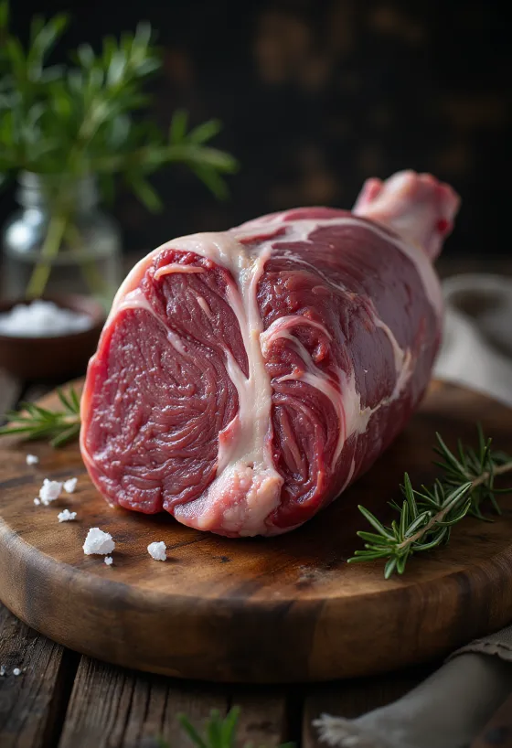 Ahşap kesme tahtasında baharatlarla çiğ yaban domuzu budu