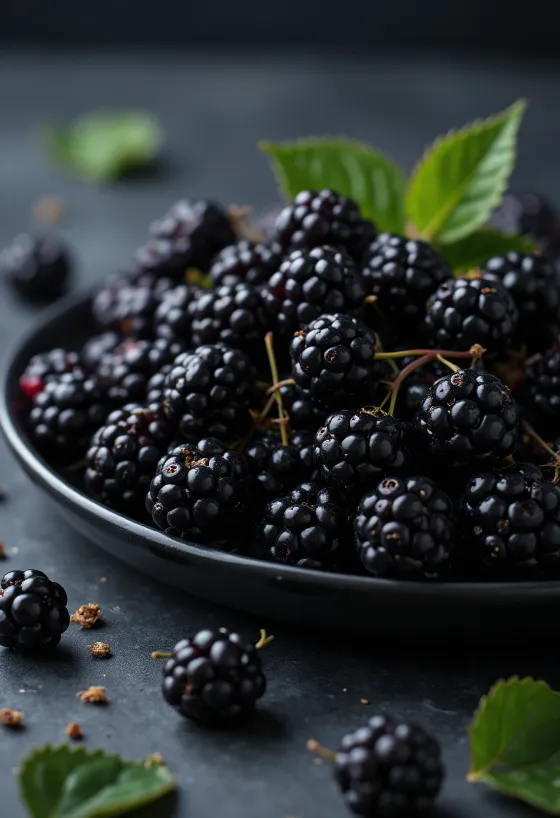 Taze yabani böğürtlen meyveleri, bütün ve kesilmiş halde koyu renkli