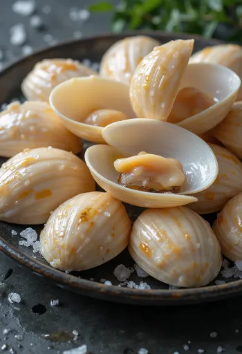 Buz üzerinde limon ve maydanozla sunulan çiğ kum midyesi eti