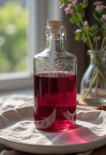 Cam kasede kırmızı şarap sirkesi, etrafında siyah üzümler ve sirke anası, rustik masada