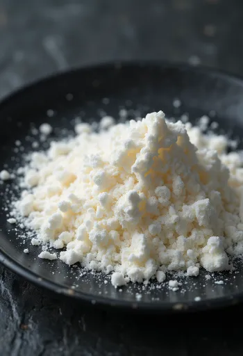 Ksantan gam tozu küçük seramik kasede ve tahta kaşıkta, açık fon