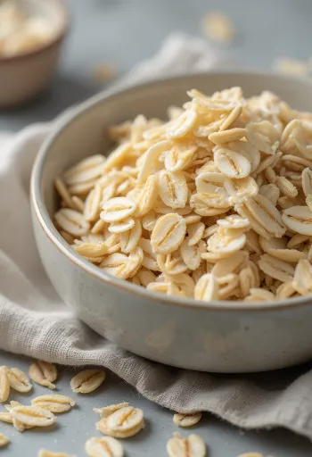 Seramik kasede ve masaya dökülmüş çiğ yulaf ezmesi