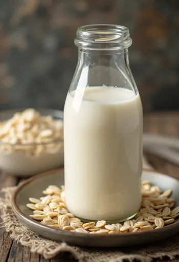 Bardağa dökülen yulaf sütü, yanında kasede ve dökülmüş yulaf ezmesi