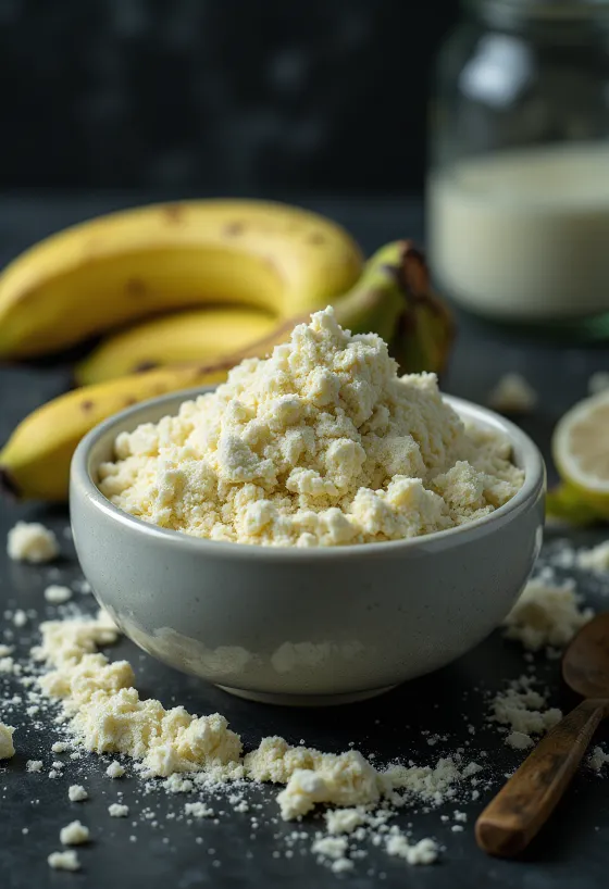 Kasede yeşil muz unu ve etrafında yeşil muzlar